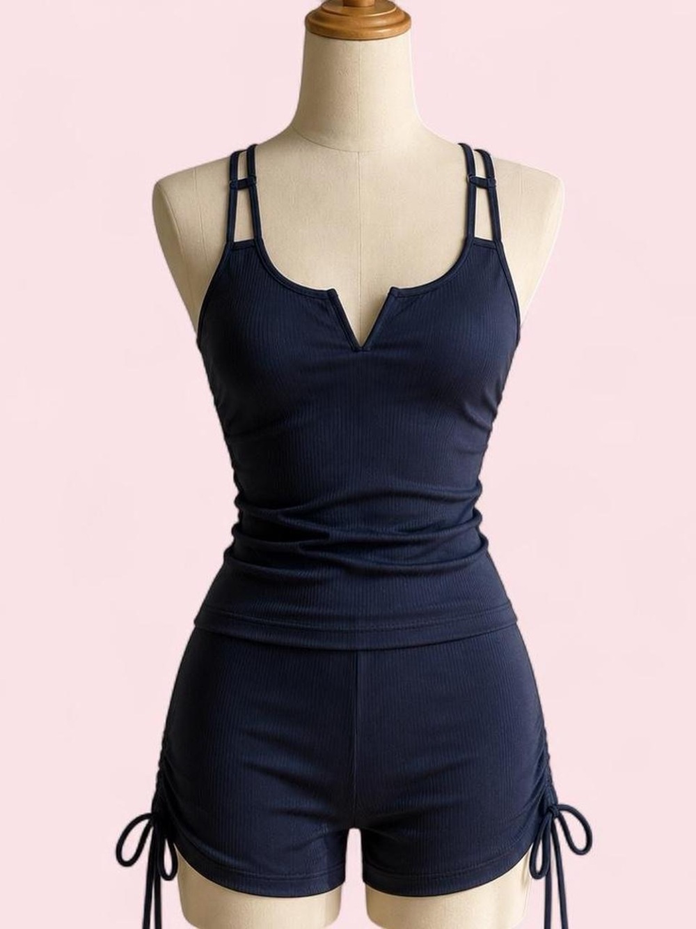Navy blue workout set with side scrunch drawstrings